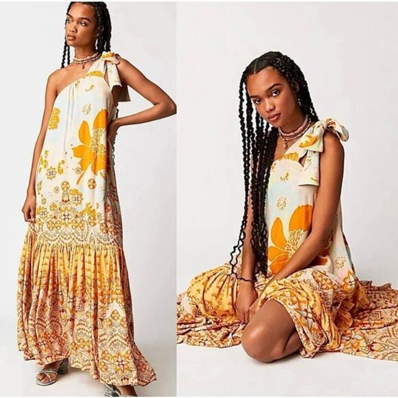 Free People Dresses & Skirts - NEW Free People COTE D AZUR One Shoulder Flowy Maxi Dress in Tea Combo S NWOT